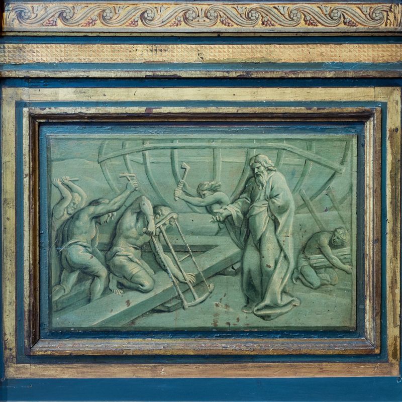 Single Grisaille Panel, Noah's Ark, with Pilaster on Each Side and Parts of Top Rail