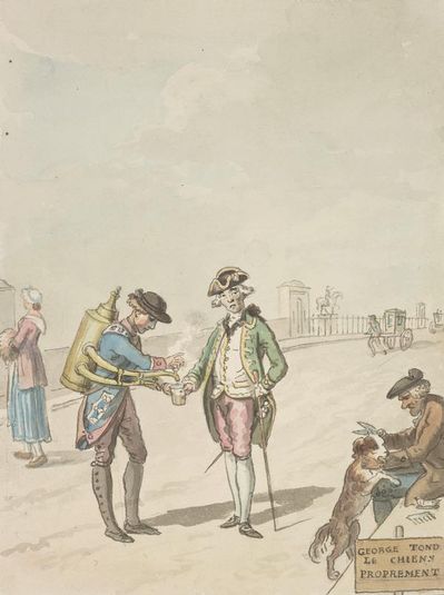 Scene on the Pont Neuf, Paris, with a Man Grooming a Dog