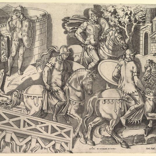 Speculum Romanae Magnificentiae: Roman Horsemen Crossing a Bridge (from Trajan's Column)