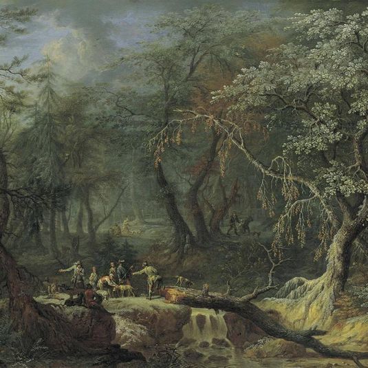 Forest Landscape with Fallen Tree and Hunters