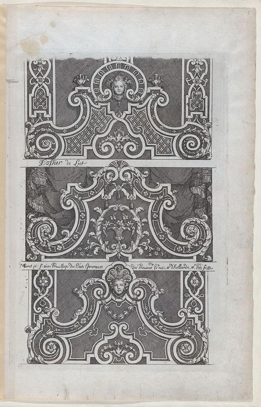 Three Designs for Embroidered Headboards, from Nouveaux Liure da Partements, part of Œuvres du Sr. D. Marot