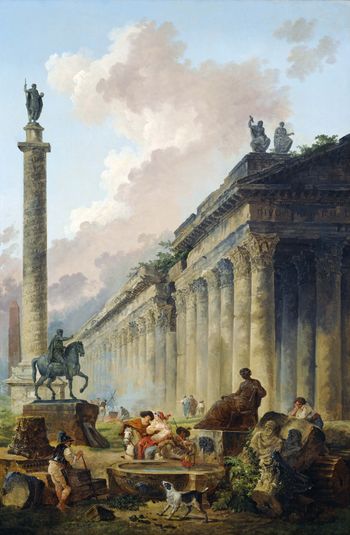 Vue Imaginaire De Rome Avec La Statue Équestre De Marc-Aurèle, La Colonne De Trajan Et Un Temple