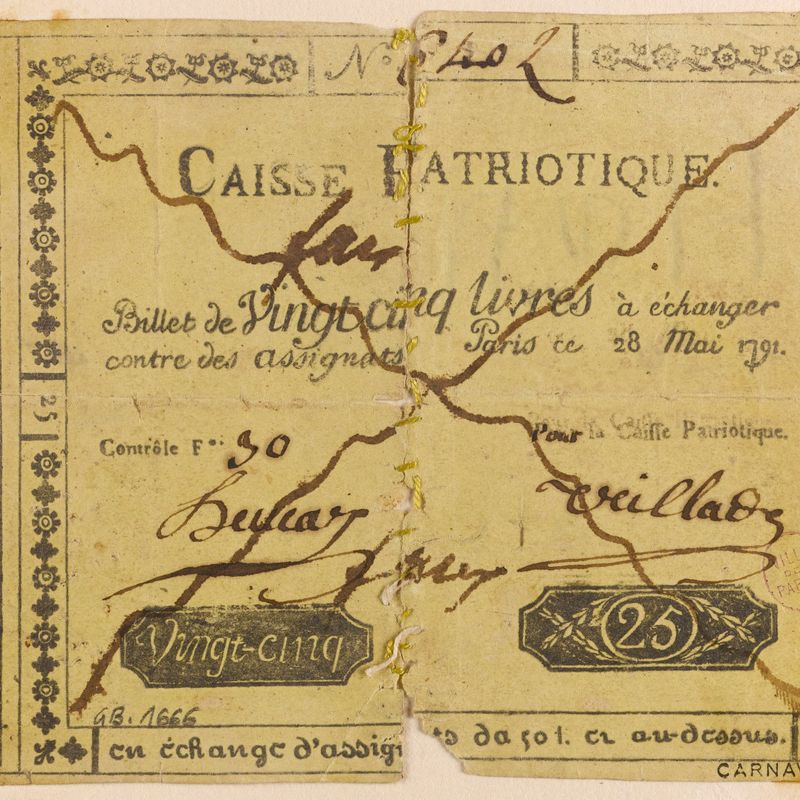 Billet de 25 livres, caisse patriotique du 28 mai 1791, n° 6402, F° 30, 28 mai 1791