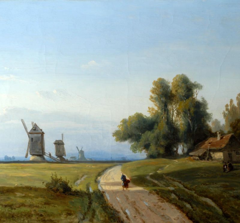 Landscape with Trees and Cottage:  Windmill in distance.