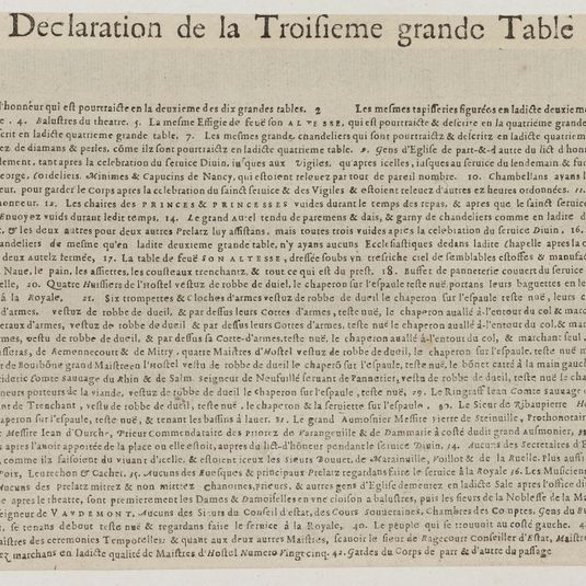 Pompe funèbre de Charles troisième du nom, Duc de Lorraine, faite à Nancy l'an 1608, troisième des dix grandes tables, texte (Le Blanc 4 page 516 ; Andreas Andresen 10 (5), tome 4, page 194)