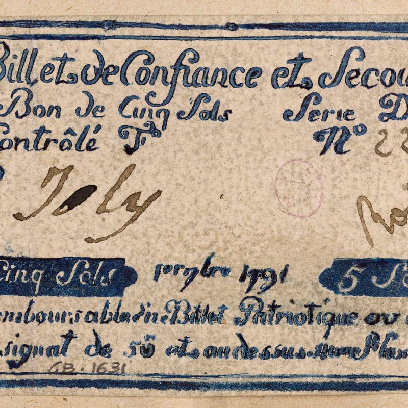 Billet de confiance et de secours de 5 sols, caisse de confiance du 695 rue Saint-Honoré, série D, n° 227-P, 1er 7bre 1791