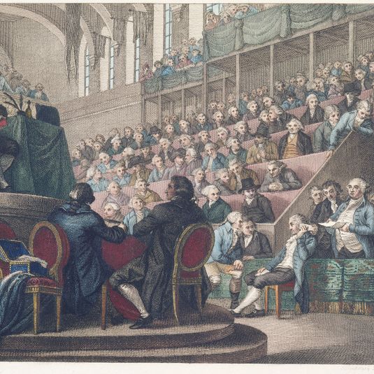 Plaidoyé de Louis XVI accompagné de De Sèze, Valazé à l'assemblée de la Convention, salle du Manège, palais des Tuileries, 26 décembre 1792. Révolution française.