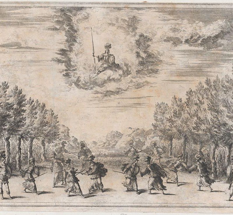 Marsh of Triton; figures battling as Minerva looks on from above; set design from 'Il Pomo D'Oro'