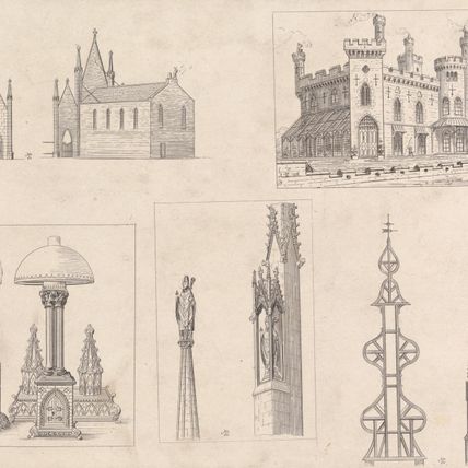 Five Sketches of: A Gothic Church, Spires, a Fortification and Decorative Objects