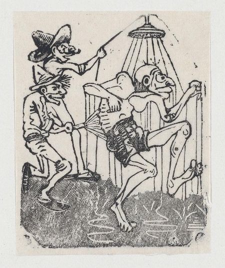 An old man having a shower accompanied by two other figures
