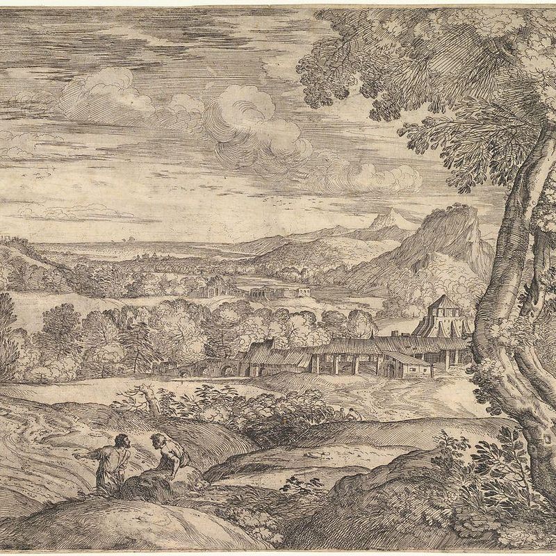 Landscape with a brick factory in the middle ground, a standing man in the foreground points to the left as he faces a man lying on a rock