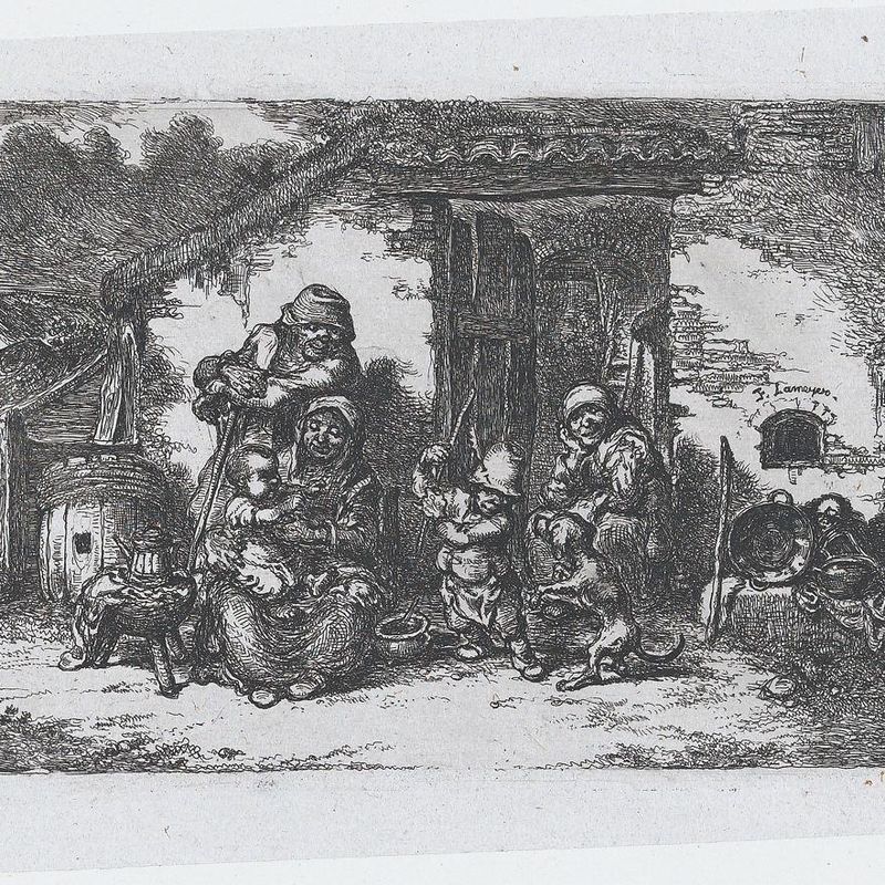 Plate 19: a family and a boy playing with a dog outisde a house, from the series of customs and pastimes of the Spanish people