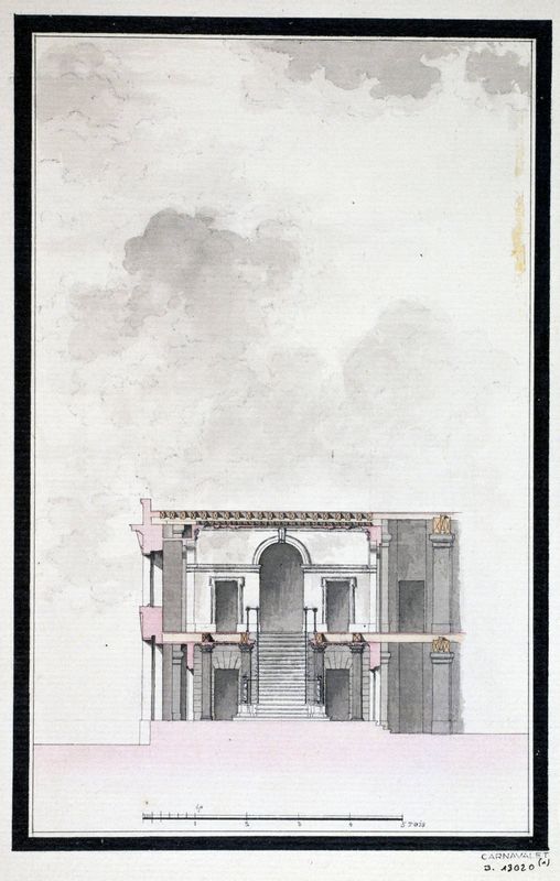 Deux dessins de l'élévation de la façade de la salle des ventes du Mont de Piété, 55 rue des Francs Bourgeois, IVe arrondissement, Paris