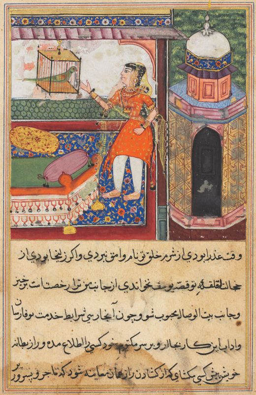 The Parrot Addresses Khujasta at the Beginning of the Tenth Night, from a Tuti-nama (Tales of a Parrot)