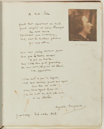 Autoportrait d'Auguste Vacquerie et poème dédié à Miss Joss