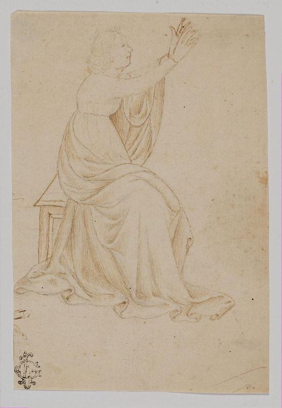 Seated Female Figure with Upraised Arms, Facing Right