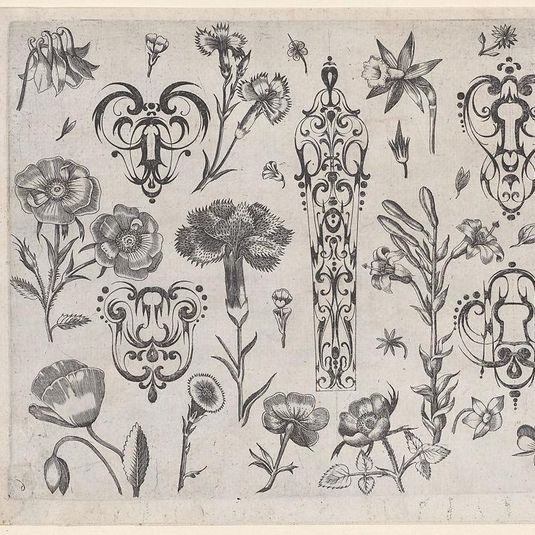 Blackwork Designs with Flowers, Plate 6 from a Series of Blackwork Ornaments combined with Figures, Birds, Animals and Flowers