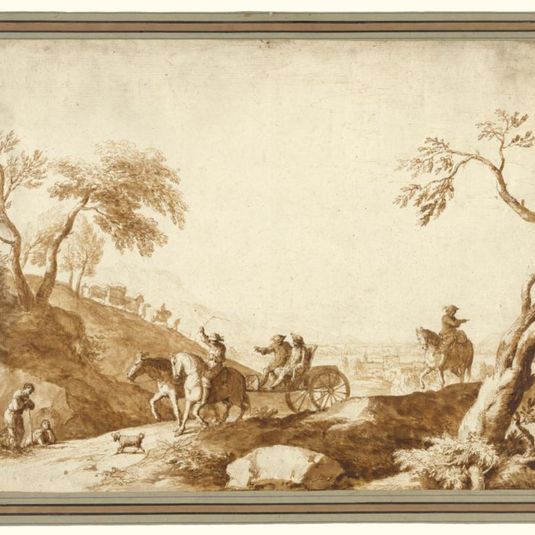 Landscape with Travellers, Two Riding in a Carriage Driven by a Postilion and a Third on Horseback behind