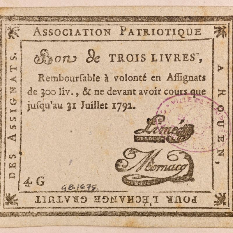 Bon de 3 livres, association patriotique à Rouen, 4G