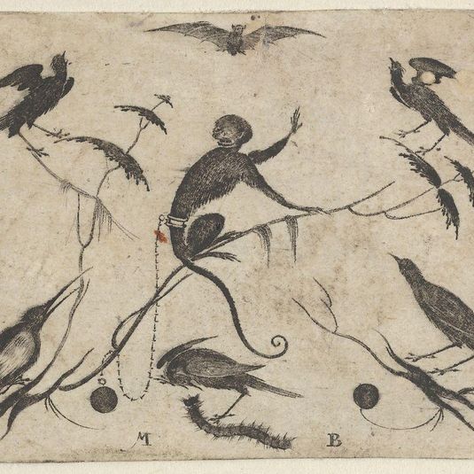 Blackwork Design for Goldsmithwork with Monkey, Birds, and Insects
