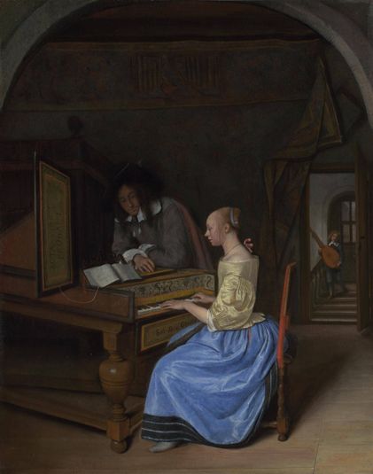 A Young Woman playing a Harpsichord to a Young Man
