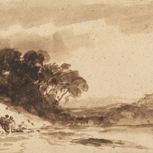 River Landscape with Two Figures, Lake and Distant Mountains