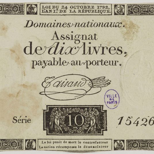 Assignat de 10 livres, série 15426me, 24 octobre 1792