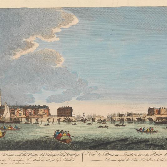 A View of London Bridge with ye Ruins of ye Temporary Bridge after the Fire of 11th April 1758