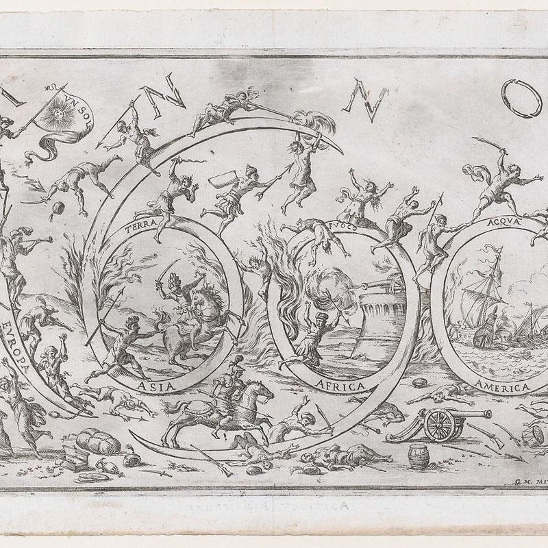 'Anno 1690' (the Year 1690), with numerous warring figures clambering on and hanging from the numbers, allusions to the Four Elements and the Four Continents