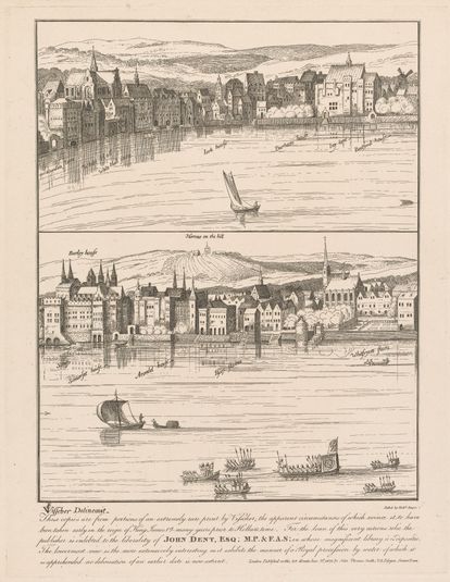 Copy of an Early Print by Visscher showing the River Front from the Savoy to Whitefriars' Stairs; and Whitehall to Bedford House