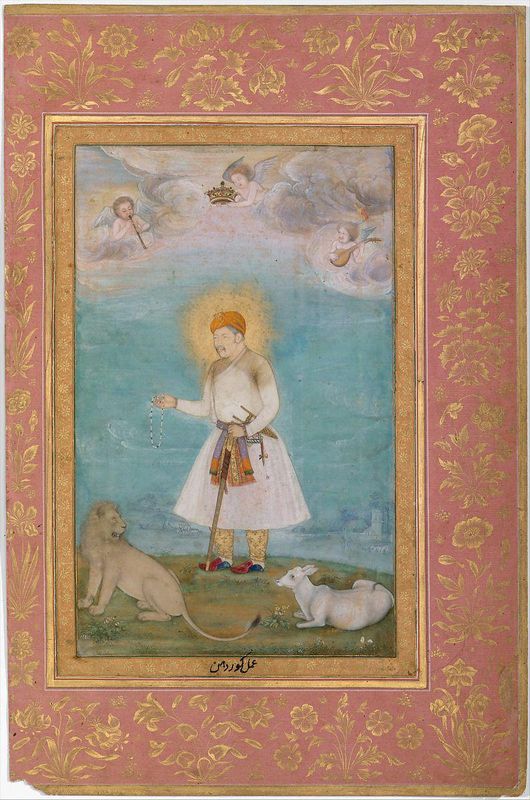 "Akbar With Lion and Calf", Folio from the Shah Jahan Album