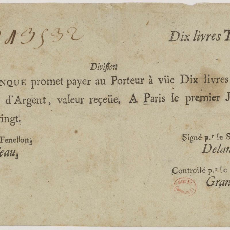 Billet de 10 livres tournois n° 1713532, 1er juillet 1720