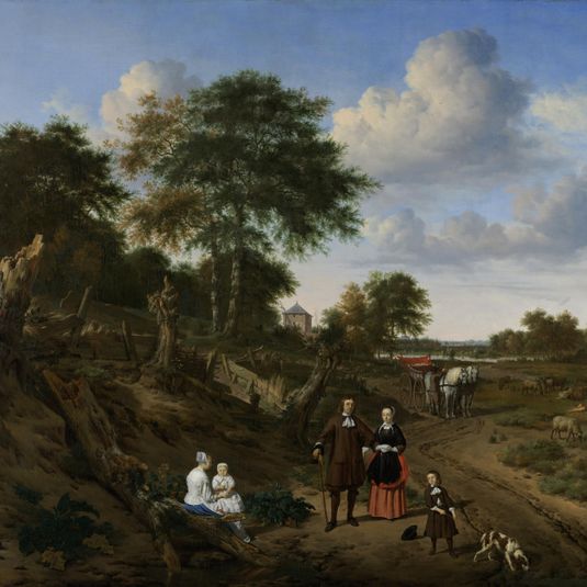 Portret van een echtpaar met twee kinderen en een min in een landschap