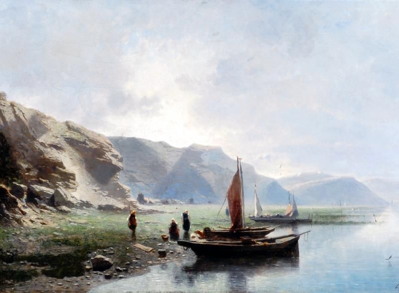 The shore of a lake with boats and figures