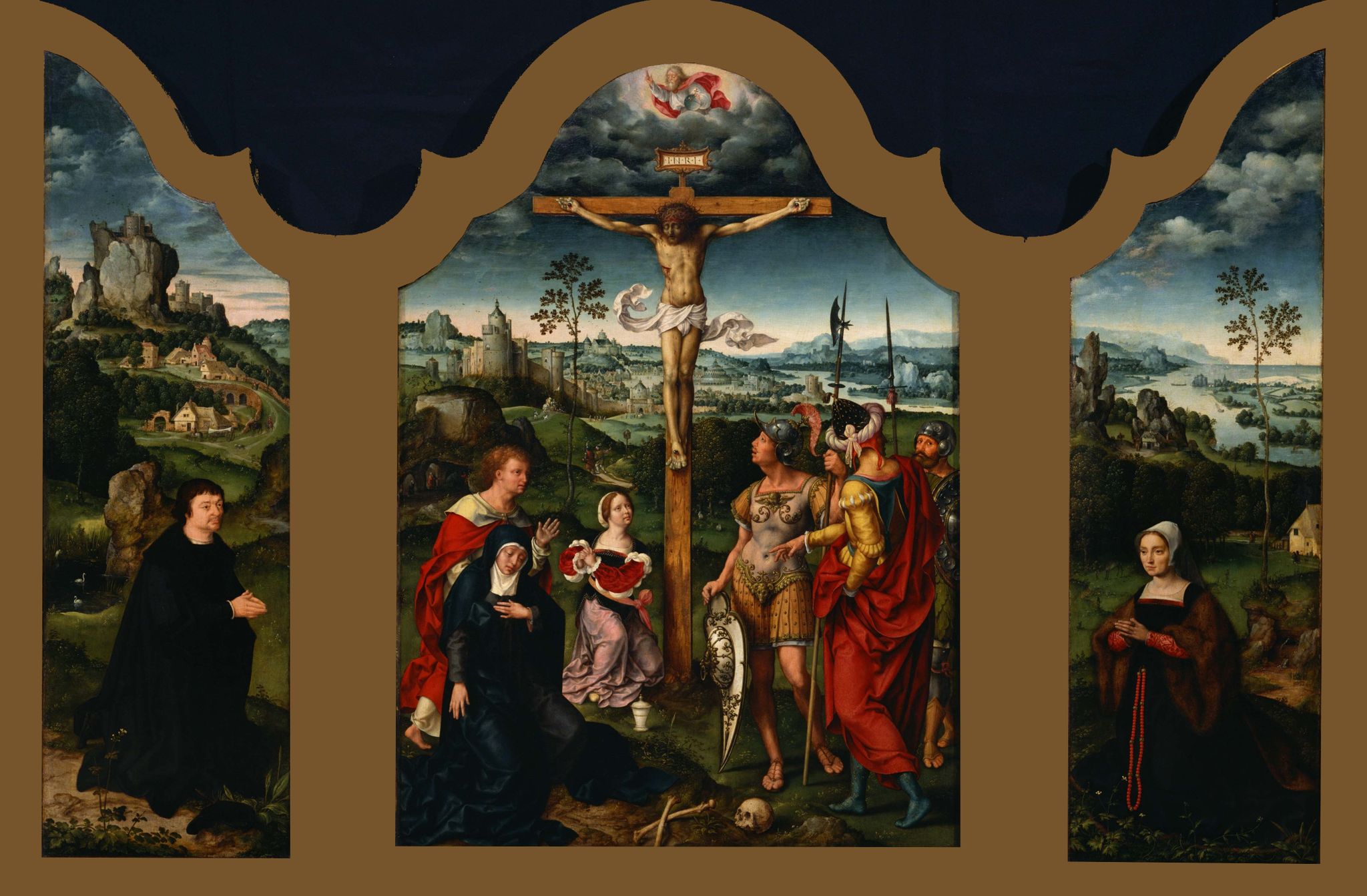 Triptych: The Crucifixion Flanked By The Kneeling Donor And His Wife