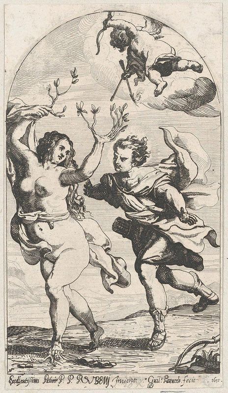 Daphne fleeing from Apollo, with Cupid overhead