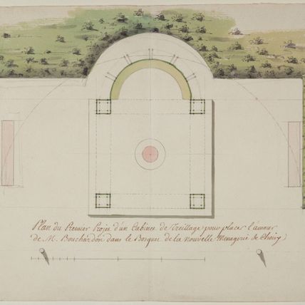 Plan du premier projet d'un cabinet de treillage pour placer l'amour de Monsieur Bouchardon dans le bosquet de la nouvelle ménagerie de Choisy