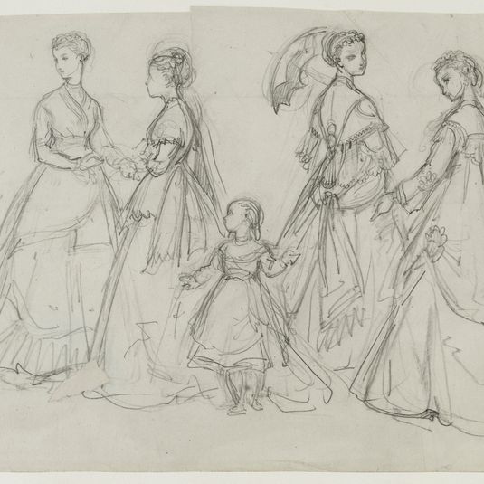 Dessin préparatoire avec groupe de femmes en robes de sortie avec fillette au centre, Fonds d’archives graphiques de Maurice Leloir