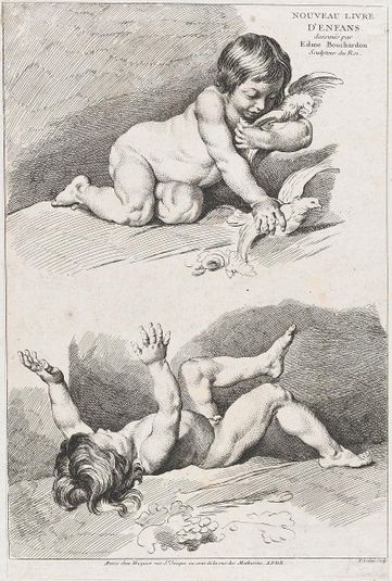 Two nude children playing with a leaf; from New Book of Children