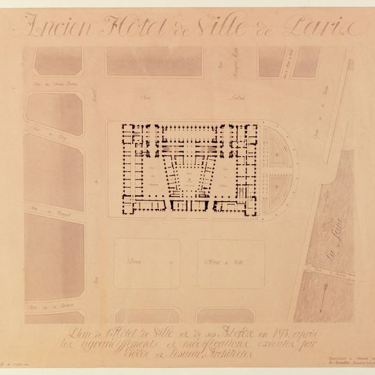 Ancien Hôtel de Paris. Plan de l'Hôtel de Ville et de ses abords en 1853 après les agrandissements et modifications exécutés par Godde et Lesueur, architectes