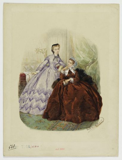 Femme en robe mauve et femme en robe sang de boeuf, au théâtre, Fonds d’archives graphiques de Maurice Leloir