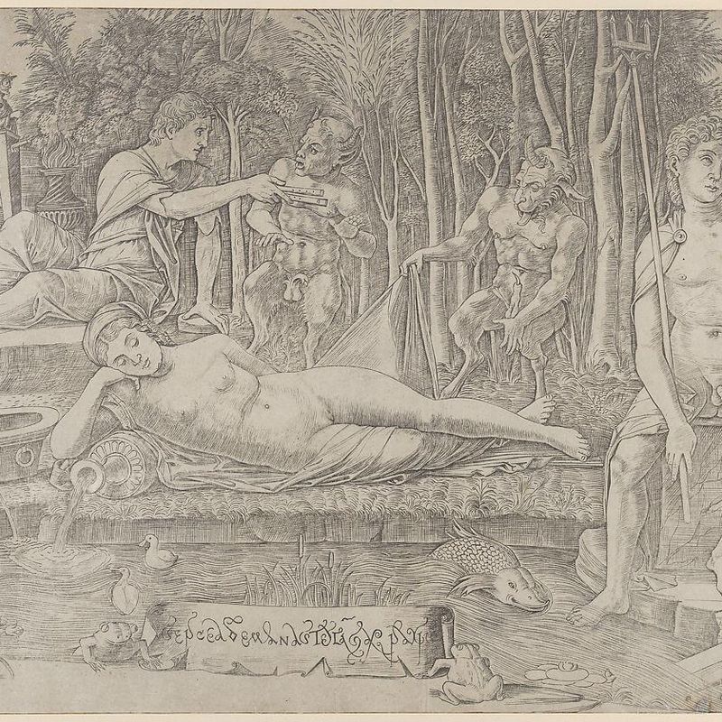 The metamorphosis of Amymone who lies at center leaning on her arm, surrounded by Apollo at left, Neptune at right and two satyrs