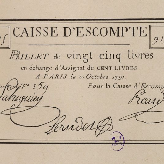Billet de 25 livres, Caisse d'escompte, n° 915, contrôle F° 159, 20 octobre 1791