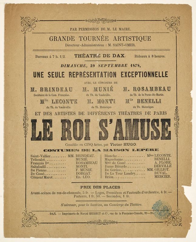 Le Roi s'amuse, théâtre de Dax, dimanche 29 septembre 1879.