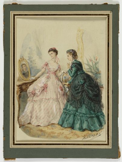 Figure en robe blanche rayée de rose, figure en robe émeraude, blonde noire, mobilier, miroir, Fonds d'Archive graphique de Maurice Leloir