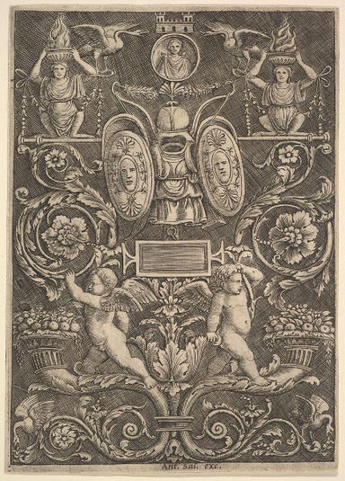 A panel of ornament, putti standing on cornucopia in lower section