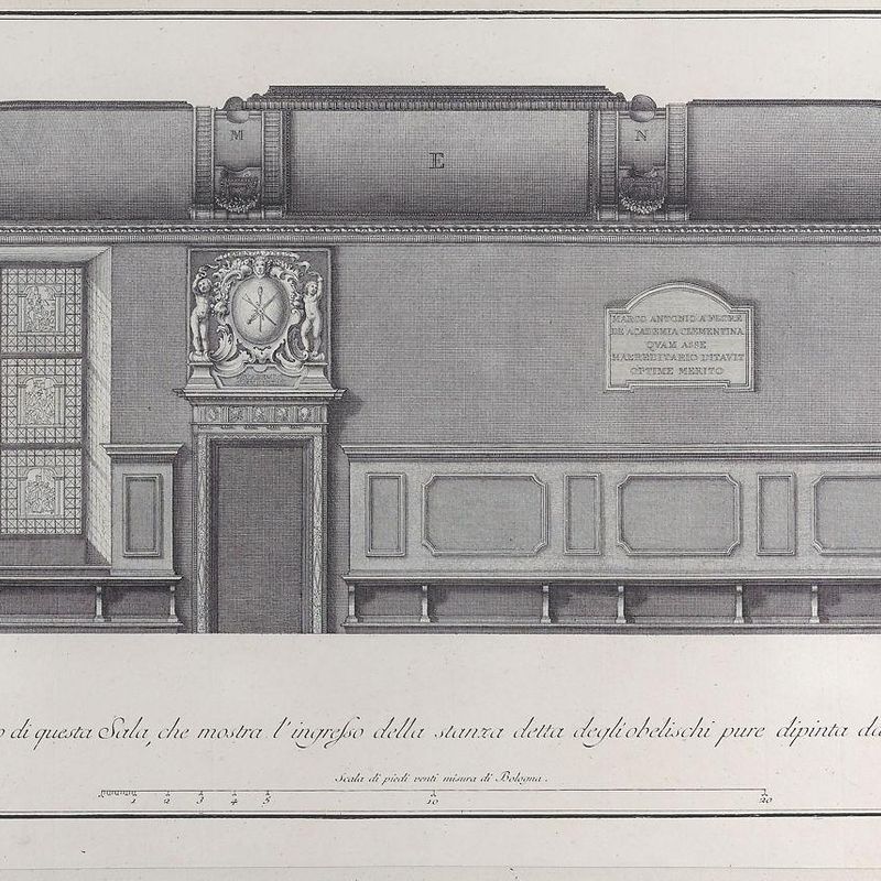 Plate 4: cross-section of the Hall of the Institute of Bologna, with the entrance to the room