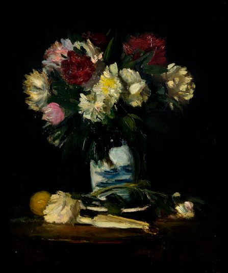 Roses in a White and Blue Vase