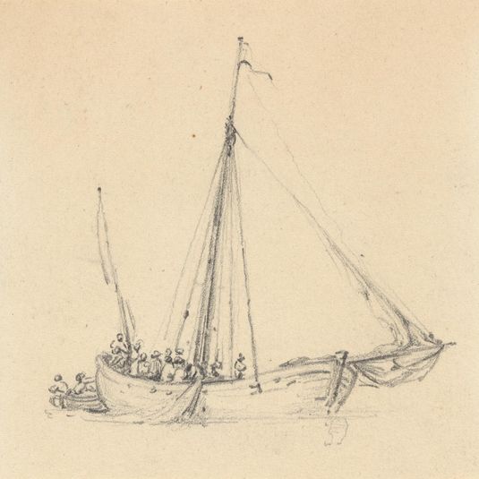 Single Ketch, Bow Forward; Rowboat Behind