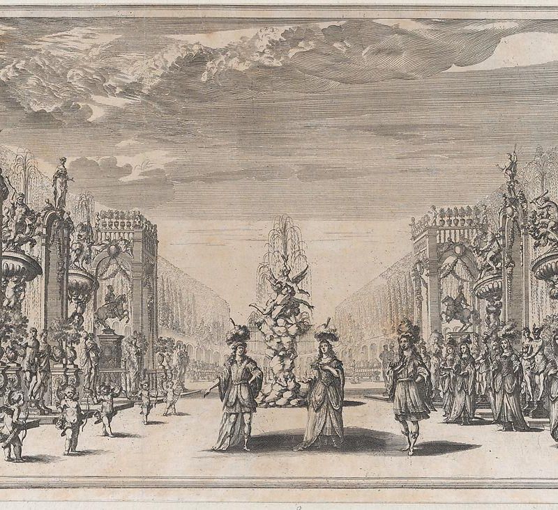 Pleasure garden, with three figures in front of a fountain at center, a row of putti to the left, and a group of women to the right; set design from 'Il Pomo D'Oro'